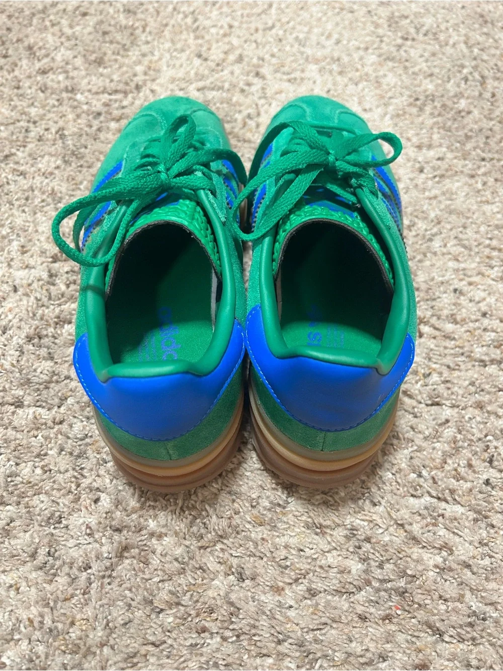 adidas Green Suede Sneakers with Blue Stripes and Gum Platform